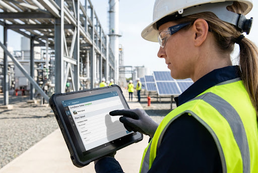 Field inspector using a tablet for digital checklist