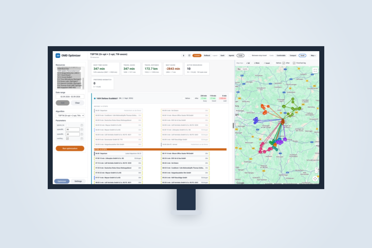 OMD Go scheduling and route optimization interface shown on a monitor