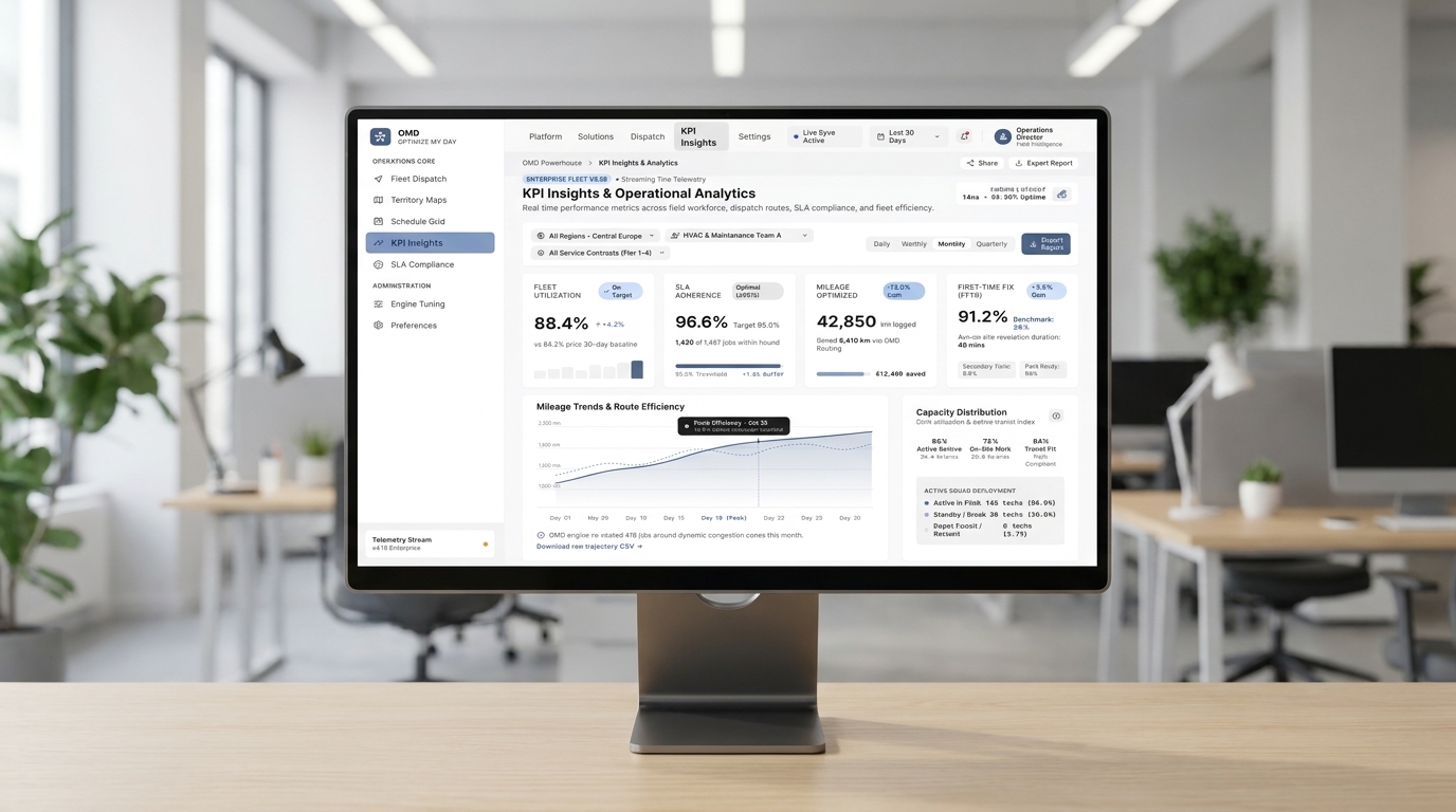 Schematic OMD Powerhouse analytics dashboard shown on a monitor
